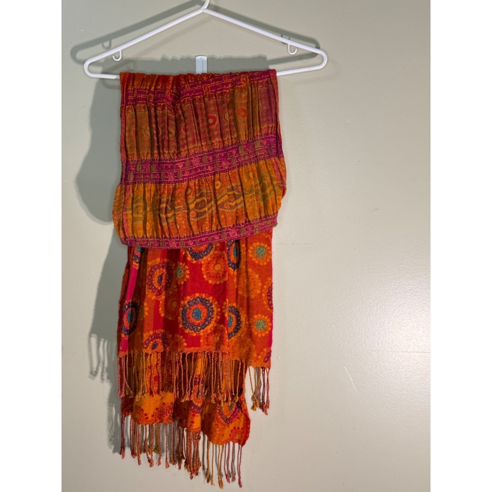 Simon Chang Hippie Orange Pink Mandala Floral Fringe Scarf Pashmina Wrap